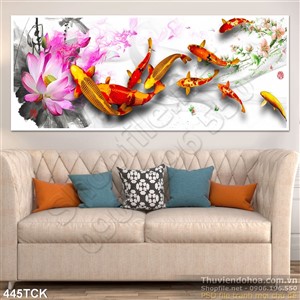 Tranh hoa sen, cá chép dán tường nghê thuật Tranh hoa sen, cá chép dán tường nghê thuật