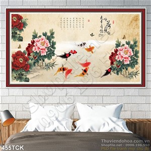 Tranh hoa sen, cá chép thư pháp phong thủy Tranh hoa sen, cá chép thư pháp phong thủy