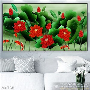 Tranh hoa sen, cá chép dán tường nghệ thuật Tranh hoa sen, cá chép dán tường nghệ thuật