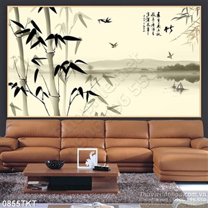 Tranh thư pháp cây trúc và phong cảnh