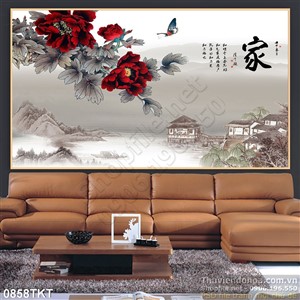 Tranh thư pháp hoa mẫu đơn trang trí