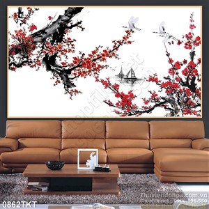Tranh thư pháp hoa đào treo tường