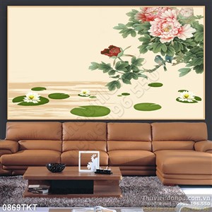 Tranh thư pháp hoa sen và hoa mẫu đơn