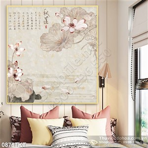 Tranh thư pháp hoa sen và chim hạc