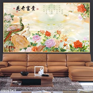 Tranh thư pháp chim công và hoa