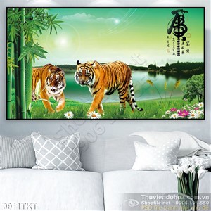 Tranh thư pháp cay tre và hổ