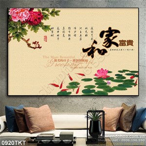 Tranh thư pháp hoa mẫu đơn trang trí