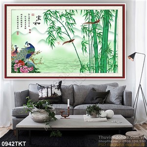 Tranh thư pháp chim công và cây trúc