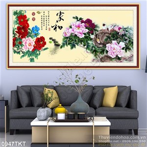 Tranh thư pháp hoa và chim công