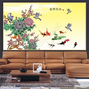 Tranh thư pháp hoa đào và cá chép