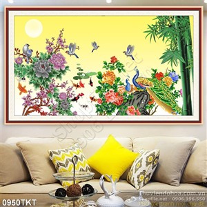 Tranh thư pháp chim công và tre