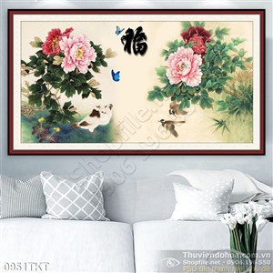 Tranh thư pháp mẫu đơn và chim