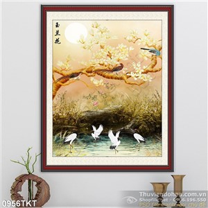 Tranh kim tiền giả chim hạc và hoa