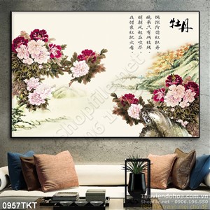 Tranh thư pháp hoa mẫu đơn trang trí