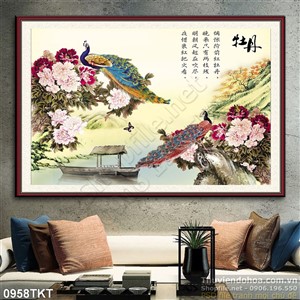 Tranh thư pháp chim công và phong cảnh