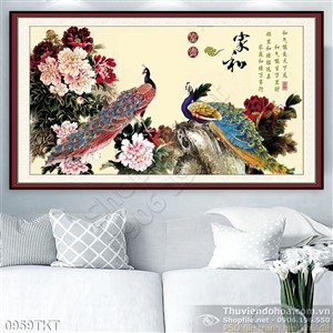 Tranh thư pháp chim công trang trí