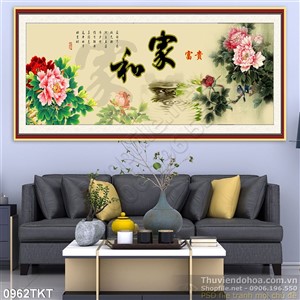 Tranh thư pháp hoa mẫu đơn phong thủy