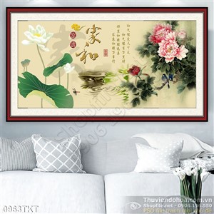 Tranh thư pháp hoa sen và hoa mẫu đơn