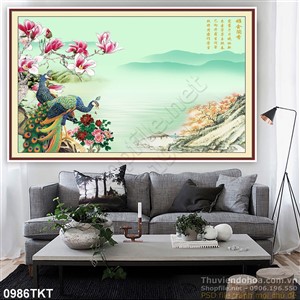 Tranh thư pháp chim công và sơn thủy