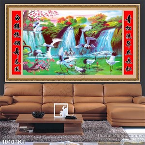 Tranh thư pháp thác nước và chim hạc