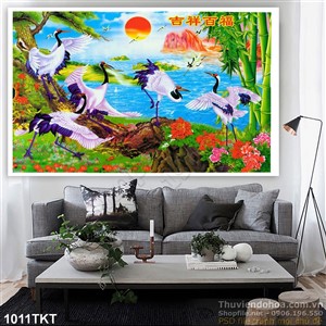 Tranh thư pháp chim hạc và trúc