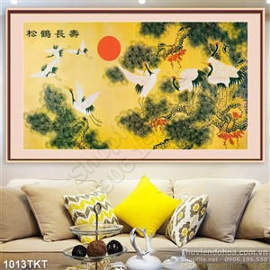 Tranh thư pháp chim hạc và cây thông