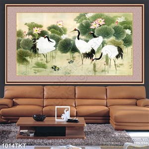 Tranh thư pháp chim hạc và hoa sen