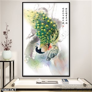 Tranh thư pháp chim công nghệ thuật