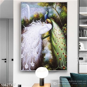 Tranh thư pháp chim công trắng