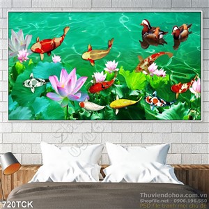 Tranh ao sen và đàn cá chép phong thủy 3d Tranh ao sen và đàn cá chép phong thủy 3d