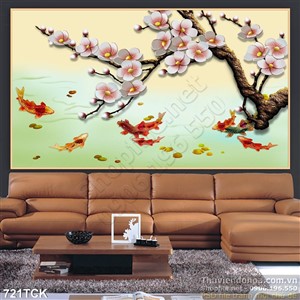 Tranh cá hoa đào giả ngọc và cá chép Tranh cá hoa đào giả ngọc và cá chép