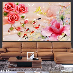 Tranh wall giả ngọc hoa sen cá chép in 3d Tranh wall giả ngọc hoa sen cá chép in 3d