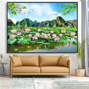 Tranh in uv đầm sen cá chép phong thủy Tranh in uv đầm sen cá chép phong thủy