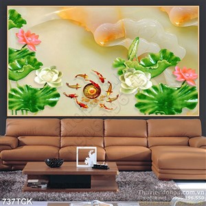 Tranh uv giả ngọc hoa sen và cá chép quần tụ Tranh uv giả ngọc hoa sen và cá chép quần tụ
