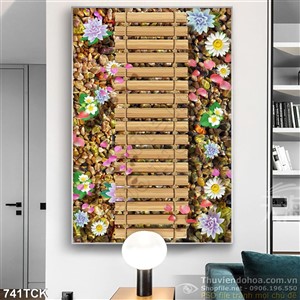 Tranh cái cầu bằng tre và những bông hoa sen đẹp 3d Tranh cái cầu bằng tre và những bông hoa sen đẹp 3d