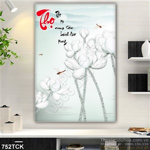 Tranh wall chữ thư pháp thọ và hoa sen trắng Tranh wall chữ thư pháp thọ và hoa sen trắng