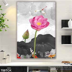 Tranh con chuồn chuồn và bông hoa sen đỏ Tranh con chuồn chuồn và bông hoa sen đỏ