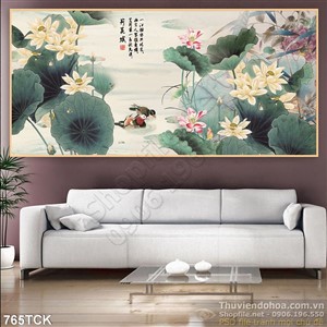 Tranh khổ nganh hoa sen sơn dầu in uv Tranh khổ nganh hoa sen sơn dầu in uv