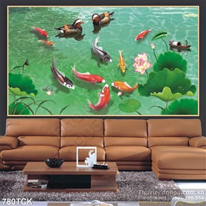 Tranh đàn cá chép bơi dưới hồ in uv Tranh đàn cá chép bơi dưới hồ in uv