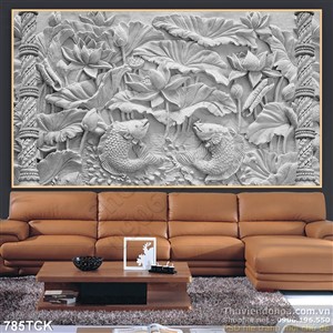 Tranh in uv phù điêu cá chép và hoa sen Tranh in uv phù điêu cá chép và hoa sen