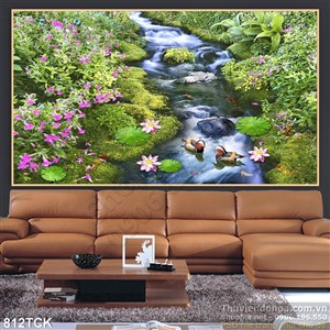 Tranh con suối nhỏ và hoa sen  đẹp in uv Tranh con suối nhỏ và hoa sen  đẹp in uv