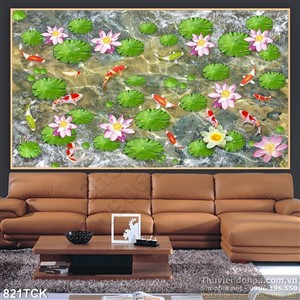Tranh hoa sen và cá chép đẹp in uv Tranh hoa sen và cá chép đẹp in uv