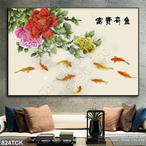 Tranh cá chép hoa mẫu đơn đẹp Tranh cá chép hoa mẫu đơn đẹp