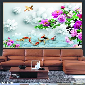 Tranh 3d hoa trắng và cá chép bơi in uv đẹp Tranh 3d hoa trắng và cá chép bơi in uv đẹp