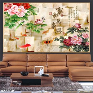Tranh 3d hoa mẫu đơn cá chép wall in uv Tranh 3d hoa mẫu đơn cá chép wall in uv