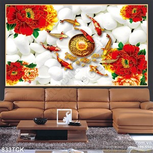 Tranh cá chép koi quần tụ nền sỏi trắng 3d Tranh cá chép koi quần tụ nền sỏi trắng 3d