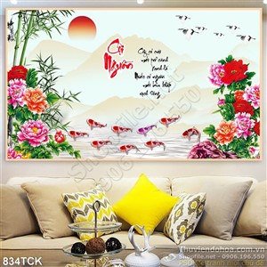 Tranh cội nguội đàn cá koi và hoa mẫu đơn wall Tranh cội nguội đàn cá koi và hoa mẫu đơn wall