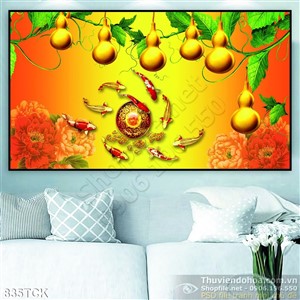 Tranh cá chép koi quần tụ và quả bí vàng Tranh cá chép koi quần tụ và quả bí vàng