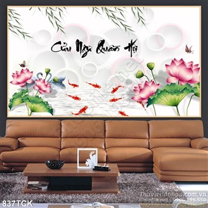 Tranh cửu ngư quần hội và hoa sen 3d wall Tranh cửu ngư quần hội và hoa sen 3d wall