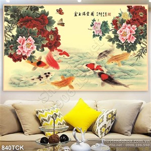 Tranh vẽ hoa mẫu đơn và cá koi Tranh vẽ hoa mẫu đơn và cá koi